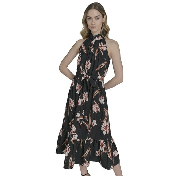 Falling Flowers Women's Mock Neck Sleeveless Midi Dress, Sizes XS-XL