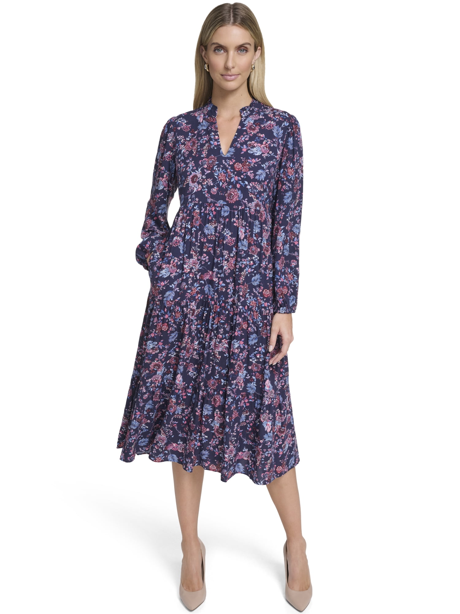Falling Flowers Women's Notch Ruffle Collar Tiered Midi Dress, Sizes XS-XL