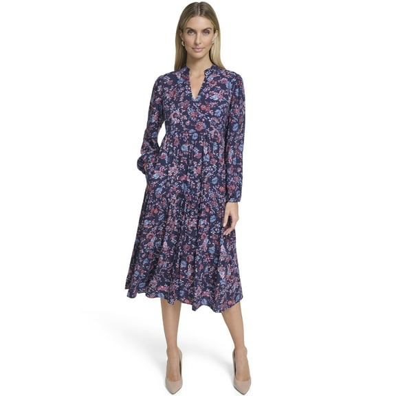 Falling Flowers Women's Notch Ruffle Collar Tiered Midi Dress, Sizes XS-XL