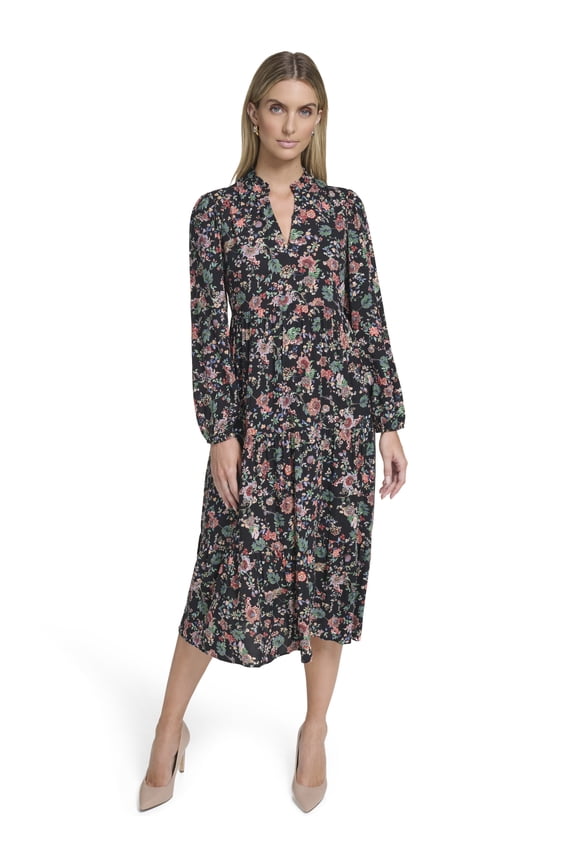 Women's Notch Ruffle Collar Tiered Midi Dress, Sizes XS-XL