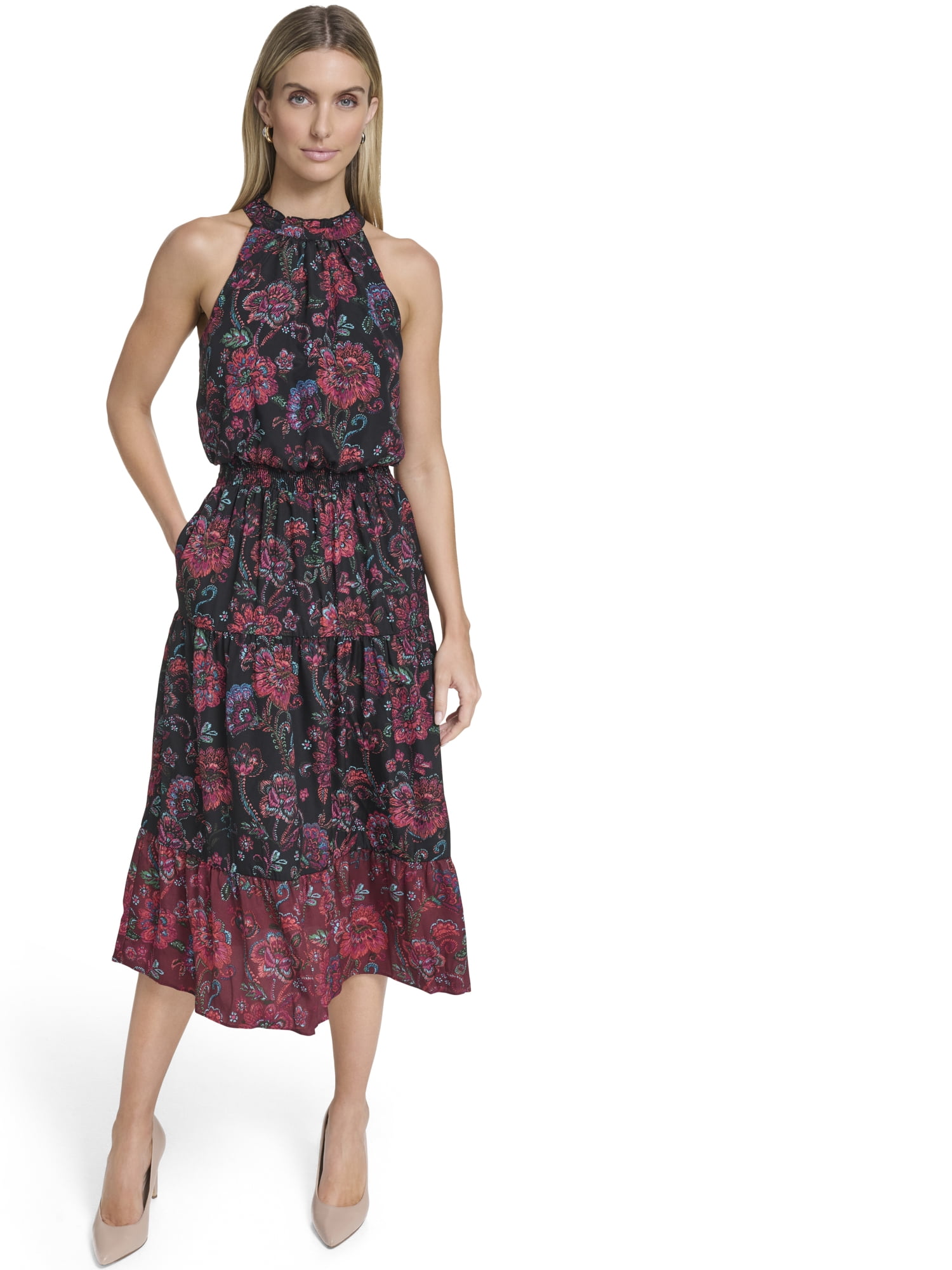 Falling Flowers Women's Ruffle Neck Midi Dress, Sizes XS-XL