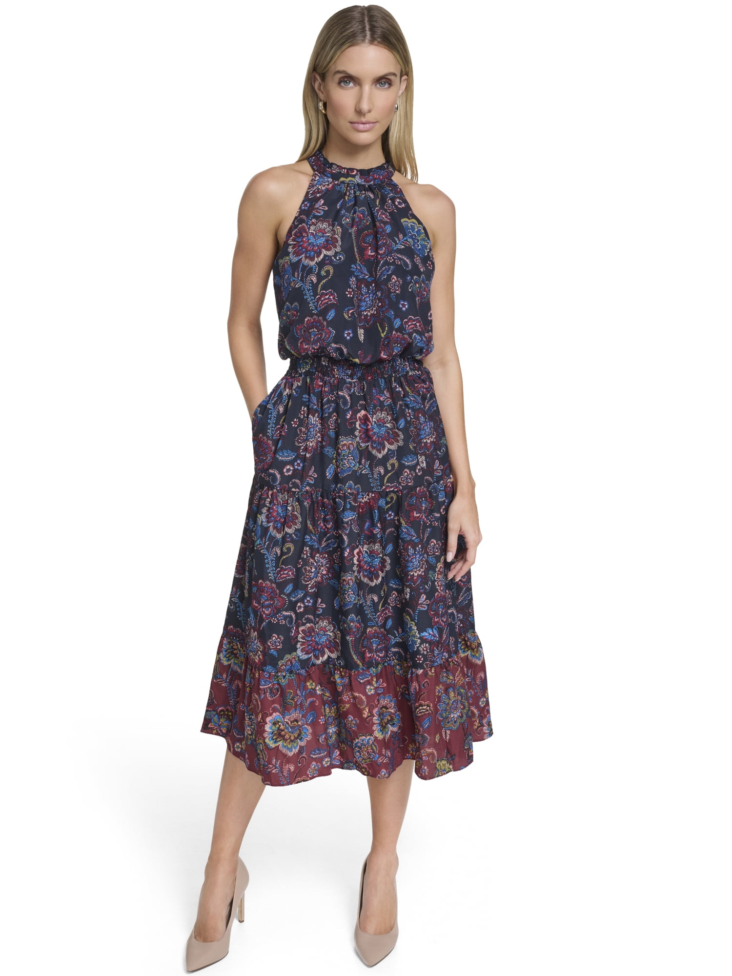 Falling Flowers Women's Ruffle Neck Midi Dress, Sizes XS-XL