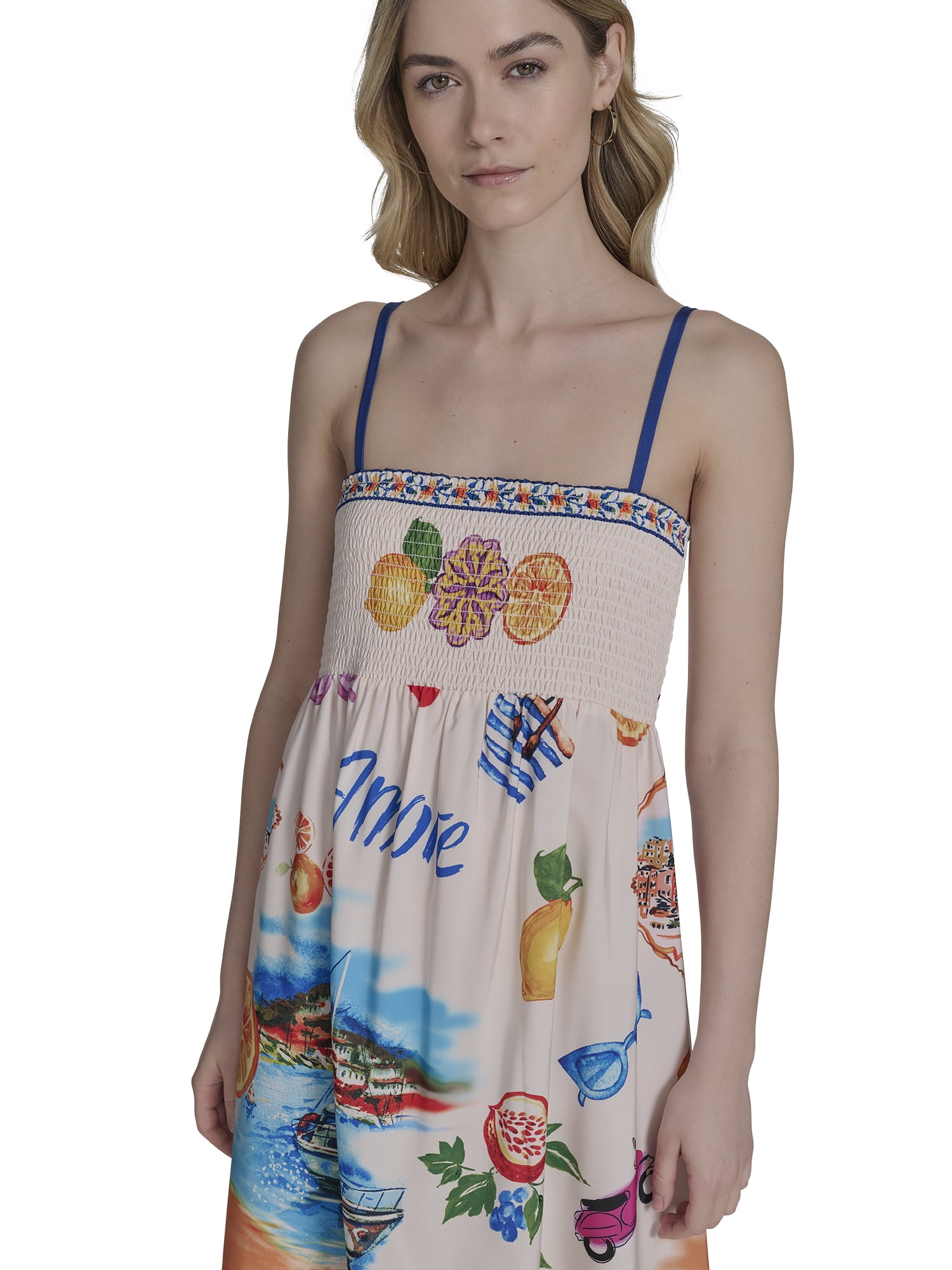 Falling Flowers Women's Spaghetti Strap Smocked Back Midi Sundress, Sizes XS-XL