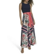 Falling Flowers Women's Two Fer Maxi Dress with Jersey Top and Printed Skirt with Solid Sash, Sizes XS-XL