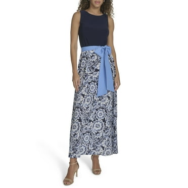 Falling Flowers Women's Two Fer Maxi Dress with Jersey Top and Printed Skirt with Solid Sash, Sizes XS-XL