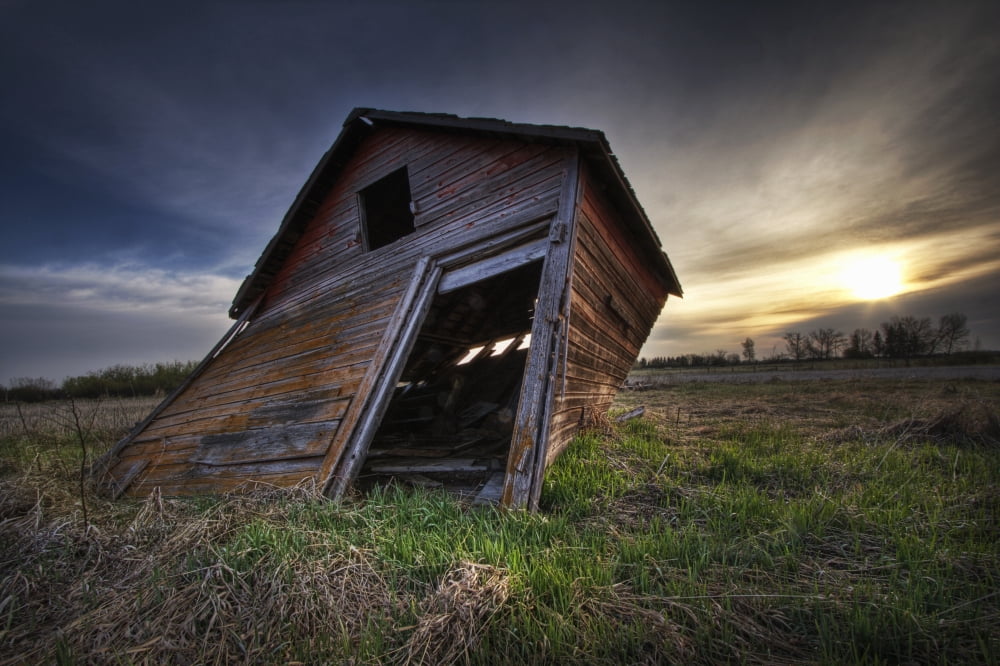 Falling Granary At Sunrise Prairies In Edmonton Alberta Canvas Art - Dan Jurak Design Pics (34 x 22)