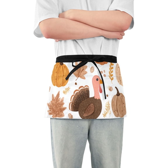 Falling Leaves Cute Turkeys Pumpkins Thanksgiving Short Server Apron with 3 Pockets for Unisex Chef Gardening