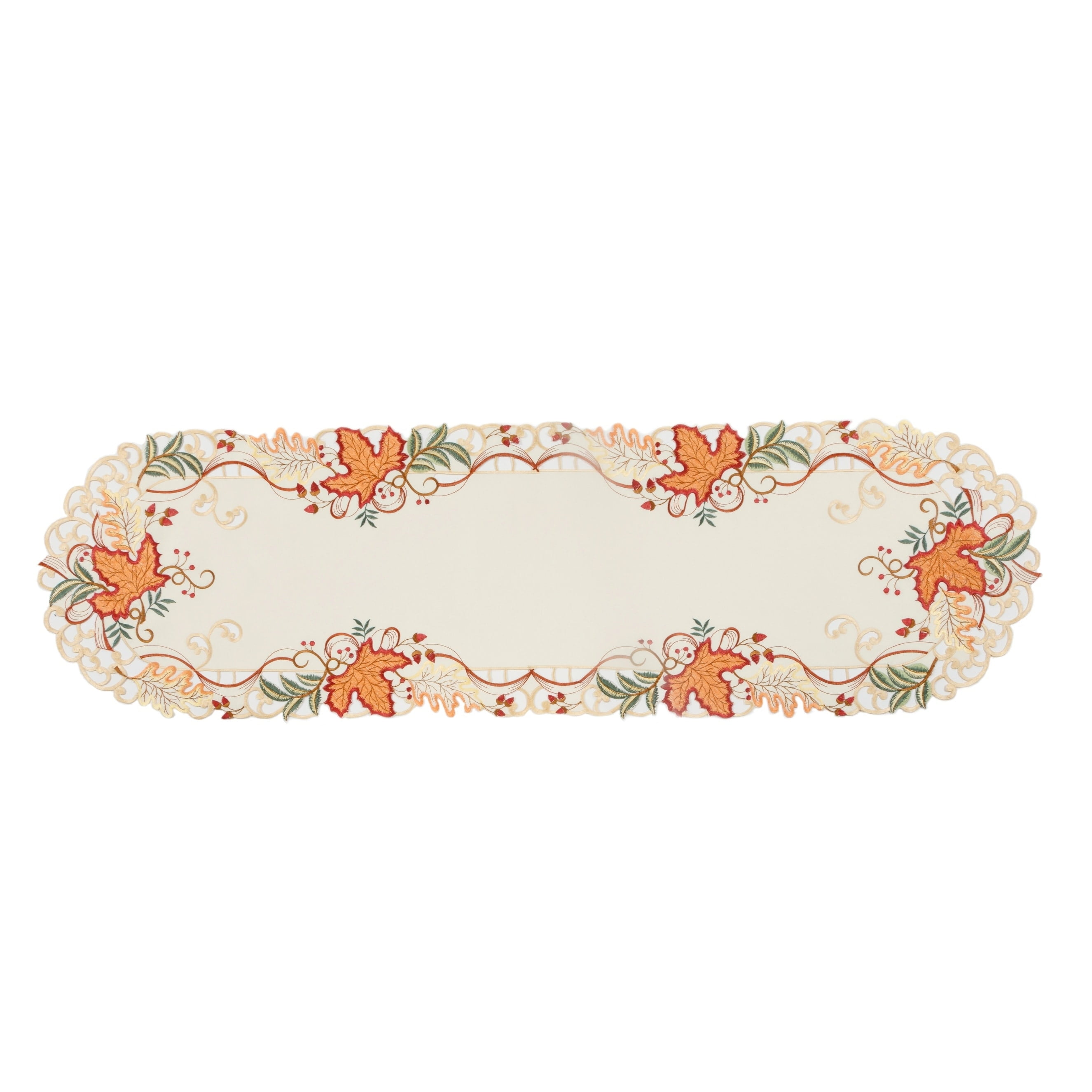 Fall Harvest Embroidered Polyester Table Runner, 15" x 34", Off-White