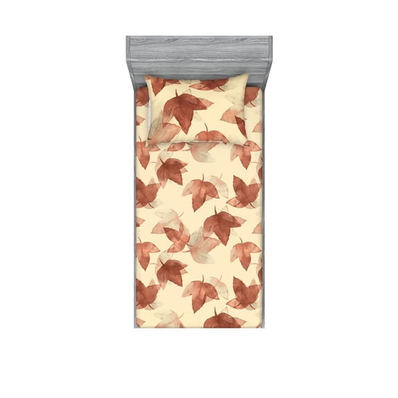 Falling Leaves Fitted Sheet & Pillow Sham Set, Romantic Fall Themed Leafy Pattern on Cream Boho Back Neutral Colors, Decorative Printed 2 Piece Bedding Decor, Twin, Cream Pale Maroon, by Ambesonne