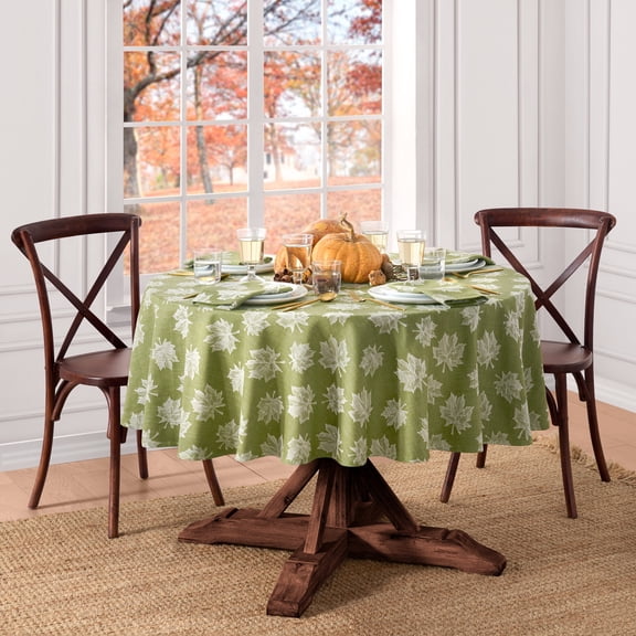 Elrene Home Fashions Falling Leaves Jacquard Tablecloth, Green, 70" Round