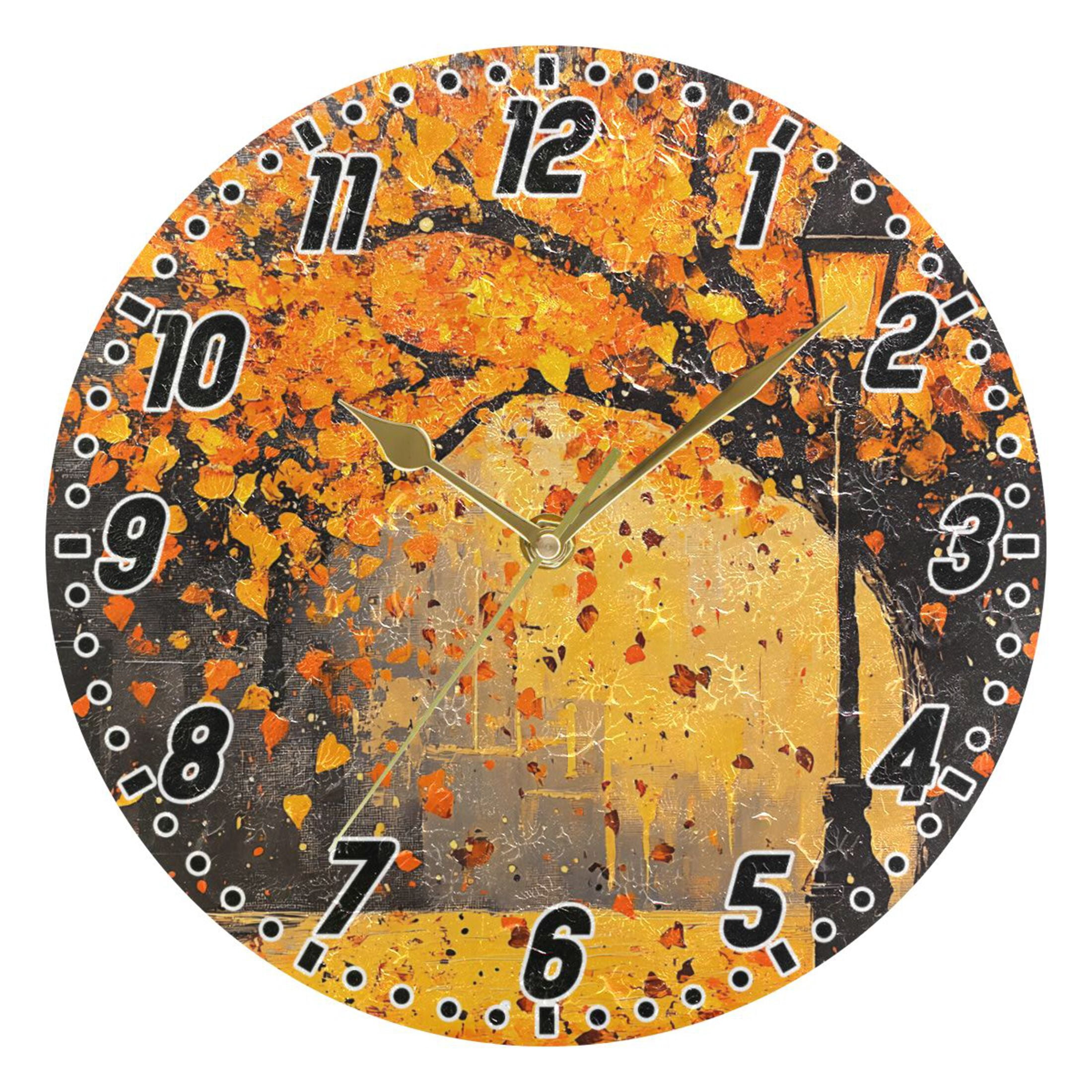 Falling Leaves and Lamp Round Wall Clock Battery Operated Silent Non ...