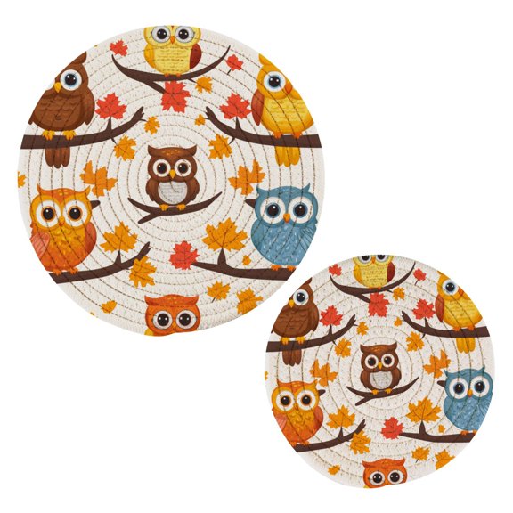 Falling Leaves and Owl Cotton Braided Potholders, 2 Pack Heat-Resistant Pads 7.09'' and 9.45''