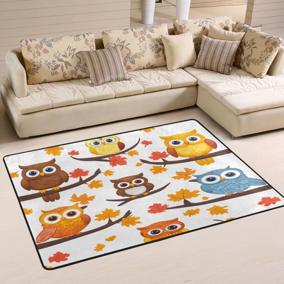 Falling Leaves and Owl Soft Polyester Area Rug 36''x24'', Non Slip, Memory Foam, Water Absorbent