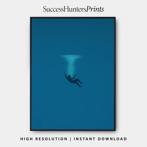 Falling Man Ocean Wall Art, Surreal Underwater, Minimalist Deep Blue Poster, Drowning Poster, Modern Dreamlike Artwork Home Decor, 8x12 UNFRAMED