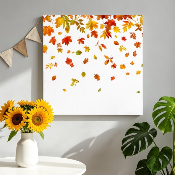 Falling Maple Leaf Canvas Wall Art for Living Room, Red Orange Autumn Leaves Thanksgiving Plant Poster Print Painting for Bedroom Office Home Decoration Wall Pictures Prepare To Hang 8"x8"