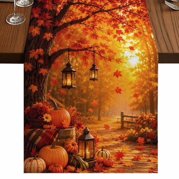 Falling Maple Leaves Burlap Cotton Table Runner 13x70 Inches Long, Thanksgiving Pumpkins Countryside Farmhouse Table Runners, Outdoor Dining Tablecloths Decor for Baby Shower/Party/Wedding