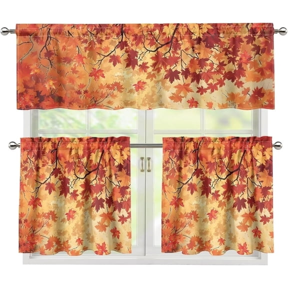 Falling Maple Leaves Kitchen Home Window Curtains Valance & Tier Set, Thanksgiving 3 PCS Set Rod Pocket Short Curtains, Window Treatment Tier for Living Room Bathroom Farmhouse Decor
