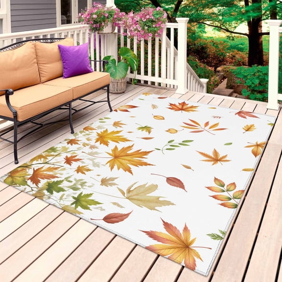 Falling Maple Leaves Outdoor Rug for Patio/Deck/Porch, Non-Slip Large Area Rug 5 x 8 Ft, Fall Thanksgiving Autumn Orange Leaf Indoor Outdoor Rugs Washable Area Rugs, Camping Rug Carpet Runner