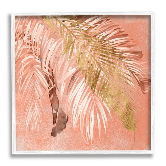 Falling Palm Tree Fronds Tropical Pink Plants Landscape Framed Art Print Wall Art, 17x17