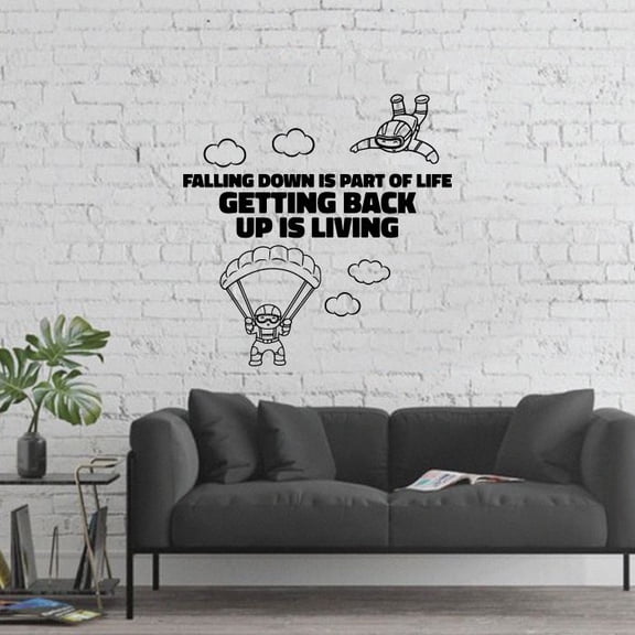 Falling Down Is Part Of Life Getting Back Up Is Living - Quote Vinyl Wall Sticker Wall Art Wall Decal Recreational Parachuting Room Design Bedroom Decor Skydiving Vinyl Decoration Size (20x20 inch)