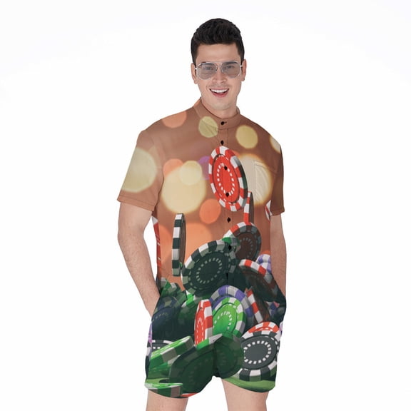 Falling Poker Chips Short Sleeve Men'S Rompers Casual Summer Jumpsuits Outfit