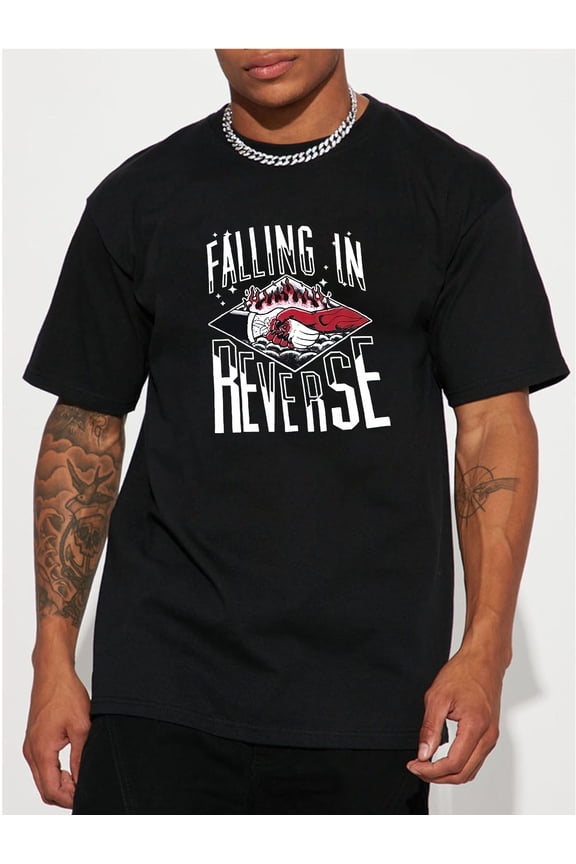 Falling in Reverse Graphic Tee for Men - 100% Cotton Short Sleeve Knit Fabric Shirt - Crew Neck Casual Summer Top with Slight Stretch - Alphabet Pattern H Fit Style