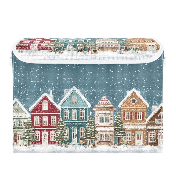 Falling Snow Christmas Street View Foldable Storage Bins with Lids Handles Collapsible Storage Containers Tote Boxes 16.5 x 12.6 x 11.8 inches