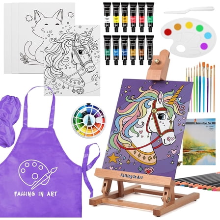 Falling in Art 46-Piece Acrylic Painting Kit with Table Easel, Canvas Panels, Paintbrushes and Supplies, Art Set for Beginners and Artists, Purple