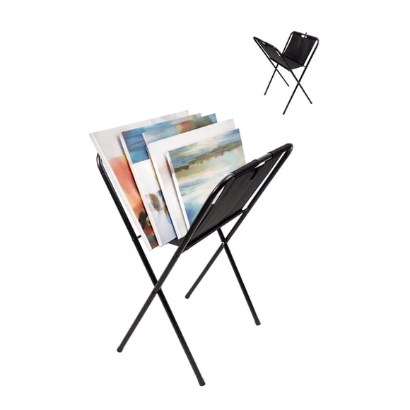 LAVFOX Small Canvas Print Rack, Portable Folding Metal Display Rack for Posters, Compact Artwork, and Photo Frames, Heavy Duty Art Storage Stand for Studio and Desk Show, Black
