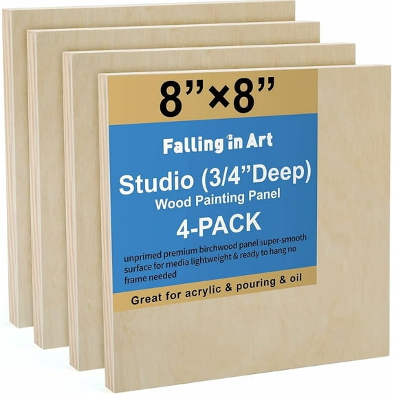 Falling in Art Unfinished Birch Wood Canvas Panels Kit, 4 Pack of 8x8’’ Studio 3/4’’ Deep Cradle Boards for Pouring Art, Crafts, Painting and More