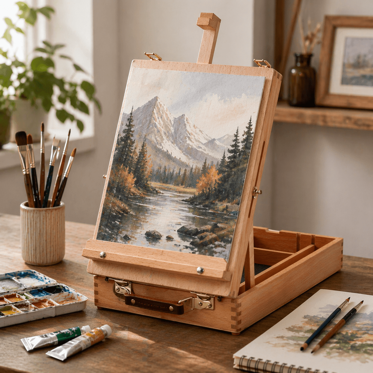 Wooden Tabletop Easel, Portable Solid Wood Desktop Sketchbox for Painting & Drawing, Pro & Beginner