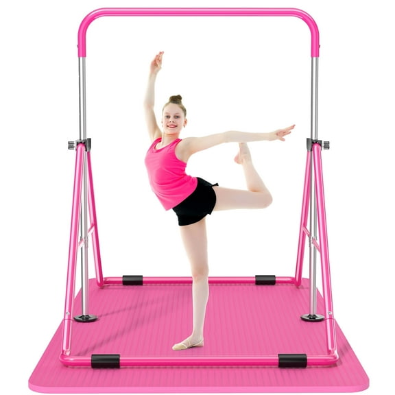 FITINJOY Gymnastics Bar for Kids 3-9 Years with Mat, Foldable & Adjustable (35"-51"), Supports 140lbs, Indoor/Outdoor Training Equipment (Easy Assembly) - Pink
