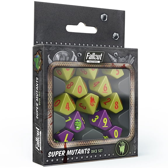 Fallout Factions: Dice Set - Super Mutants - 12 Piece, Green & Purple, Standard & Luck 10-Sided RPG Die, Roleplaying Game Accessory, Themed Symbols