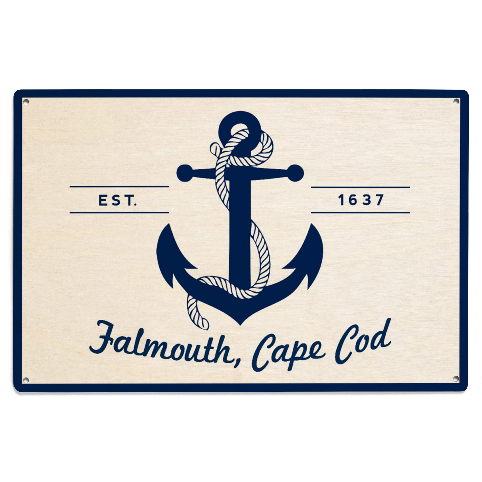 Falmouth, Cape Cod, Blue and White Anchor Birch Wood Wall Sign (6x9 ...