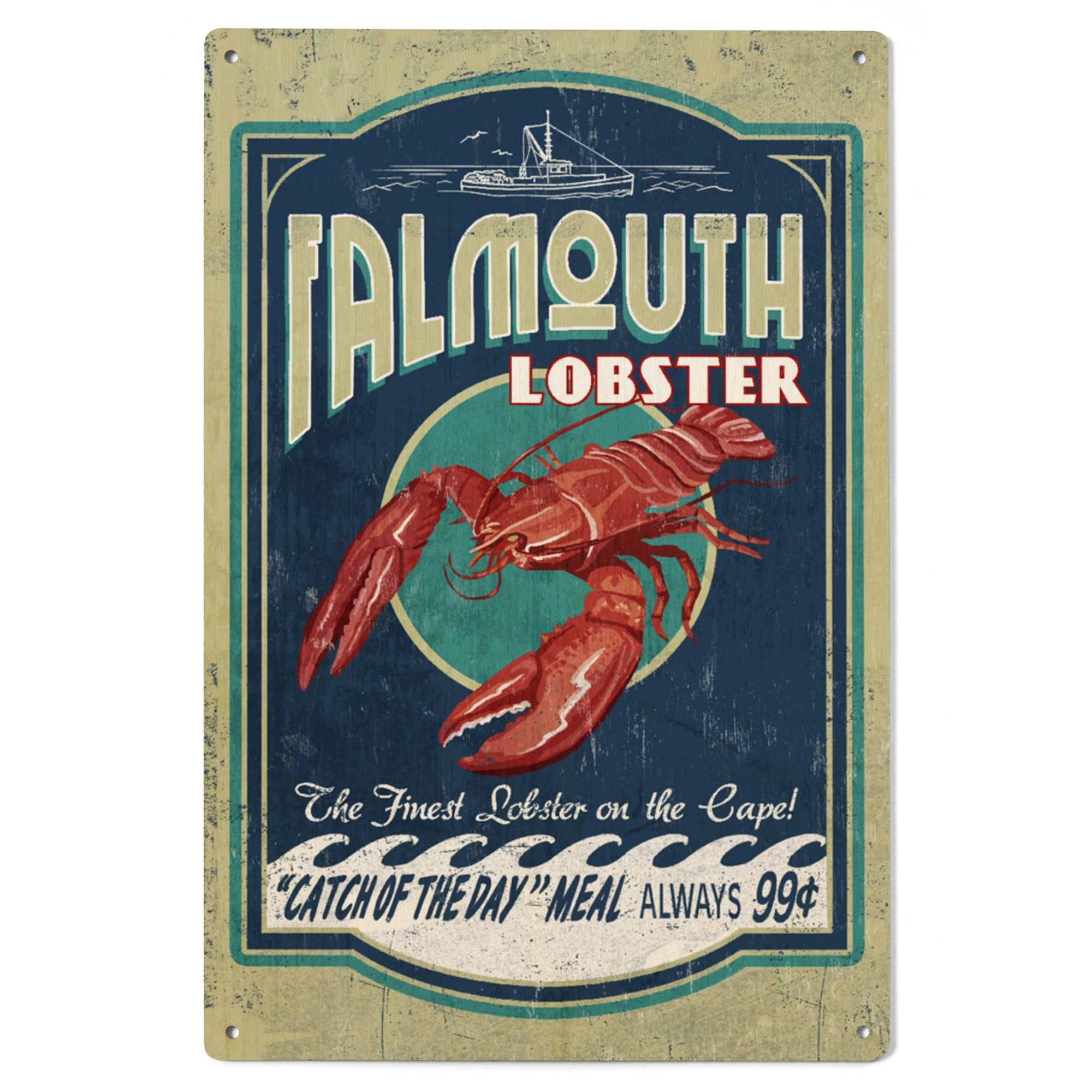 Falmouth, Massachusetts, Cape Cod, Lobster Vintage Sign, Contour Birch ...