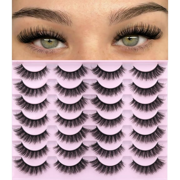 False Eyelashes D-Curl Faux Mink Lashes Fake Lashes Extensions Wispy Lash Soft Russian Strip Eyelashes Pack, 14 Pairs