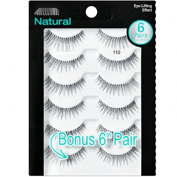 False Eyelashes, Natural Lashes 110 - Lightweight Reusable Strip, Eye-Lifting Effect, 5 Pairs + Bonus Pair
