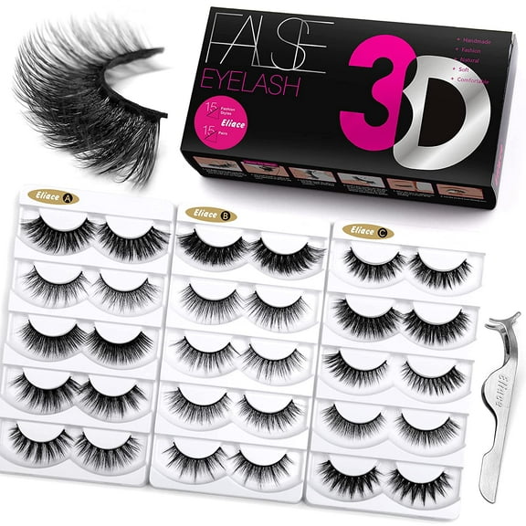 False Eyelashes Natural look Cat Eye Lashes Wispy Strips 3D Mink Lashes,15 Pairs 5 Styles Fake Eyelashes Faux Volume Curly Full,Thin Lash Band Soft Comfortable Lightweight Lash Pack