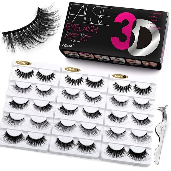 False Eyelashes Natural look Cat Eye Lashes Wispy Strips 3D Mink Lashes,15 Pairs 5 Styles Fake Eyelashes Faux Volume Curly Full,Thin Lash Band Soft Comfortable Lightweight Lash Pack