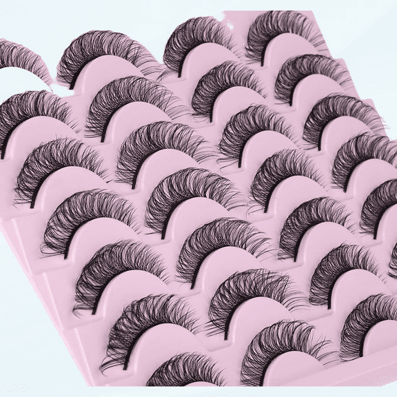 False Eyelashes Russian Strip Cat Eye Fluffy Lashes Wispy Natural Faux Mink Lashes 14 Pairs Pack Light Volume Short Fake Eye Lashes