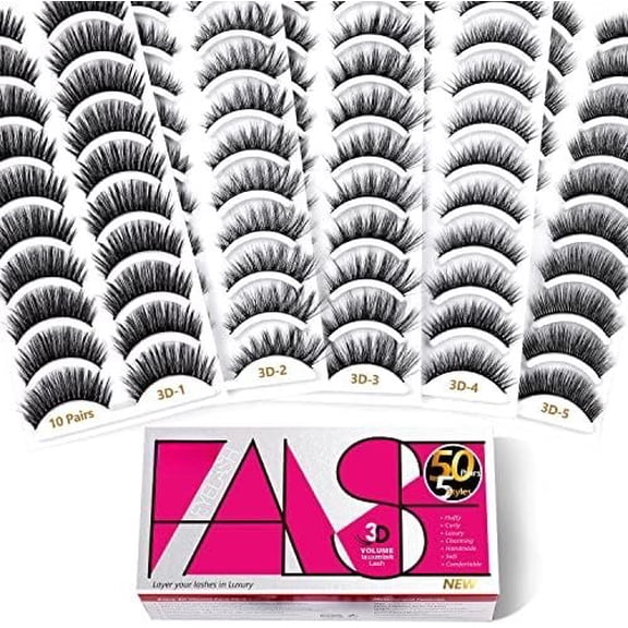 False Eyelashes look Eye Lashes Wispy Strips Lashes Fulffy, 50 Pairs 5 Styles Eyelashes,Faux Volume Curly Full,Thin Lash Band Soft Comfortable Lightweight Lash Pack