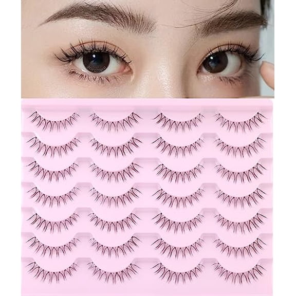 False Lashes Natural Look Short False Eyelashes Wispy 100% Handmade Clear Band Lashes Cat Eye Korean Faux Mink Strip Eyelashes Pack 14 Pairs