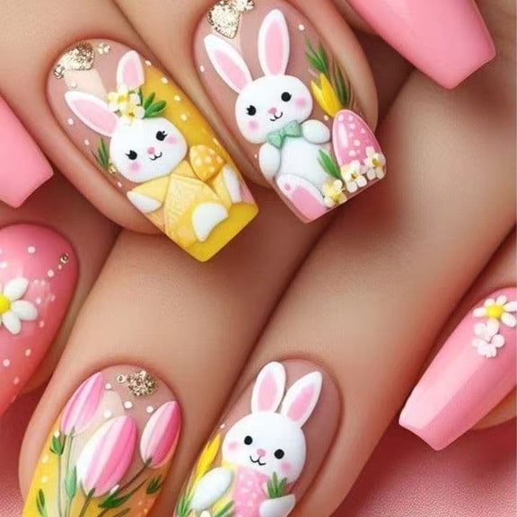 False Nails, Press On Nails, Abstract Graffiti Spring Flowers Easter Bunny Design, Short Length, Easy Application, Suitable for Daily Wear and Seasonal Festive Looks