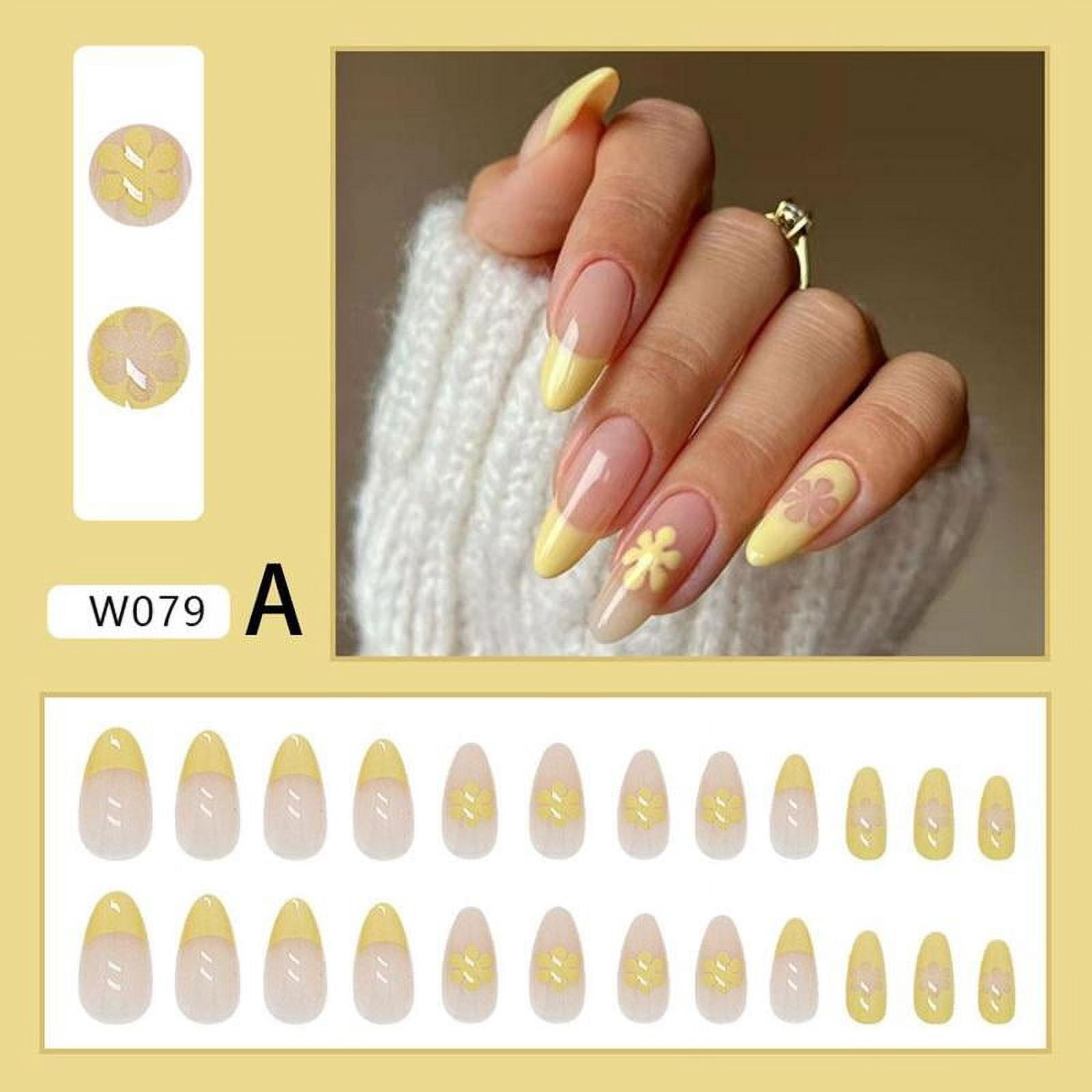 False Nails Small Fresh Yellow Flowers Decorated Design Almond Fake Nails French Wearable Manicure Art Tips U7K4