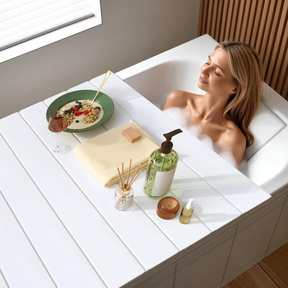 Faltbare Badewannenabdeckung, 160 x 80 cm, PVC, staubdichte Isolierwanne mit 5 kg Traglast, Badewannenbrett fr Laptop und Wein, weie Holzmaserung, passend fr die meisten Standard-Wannen