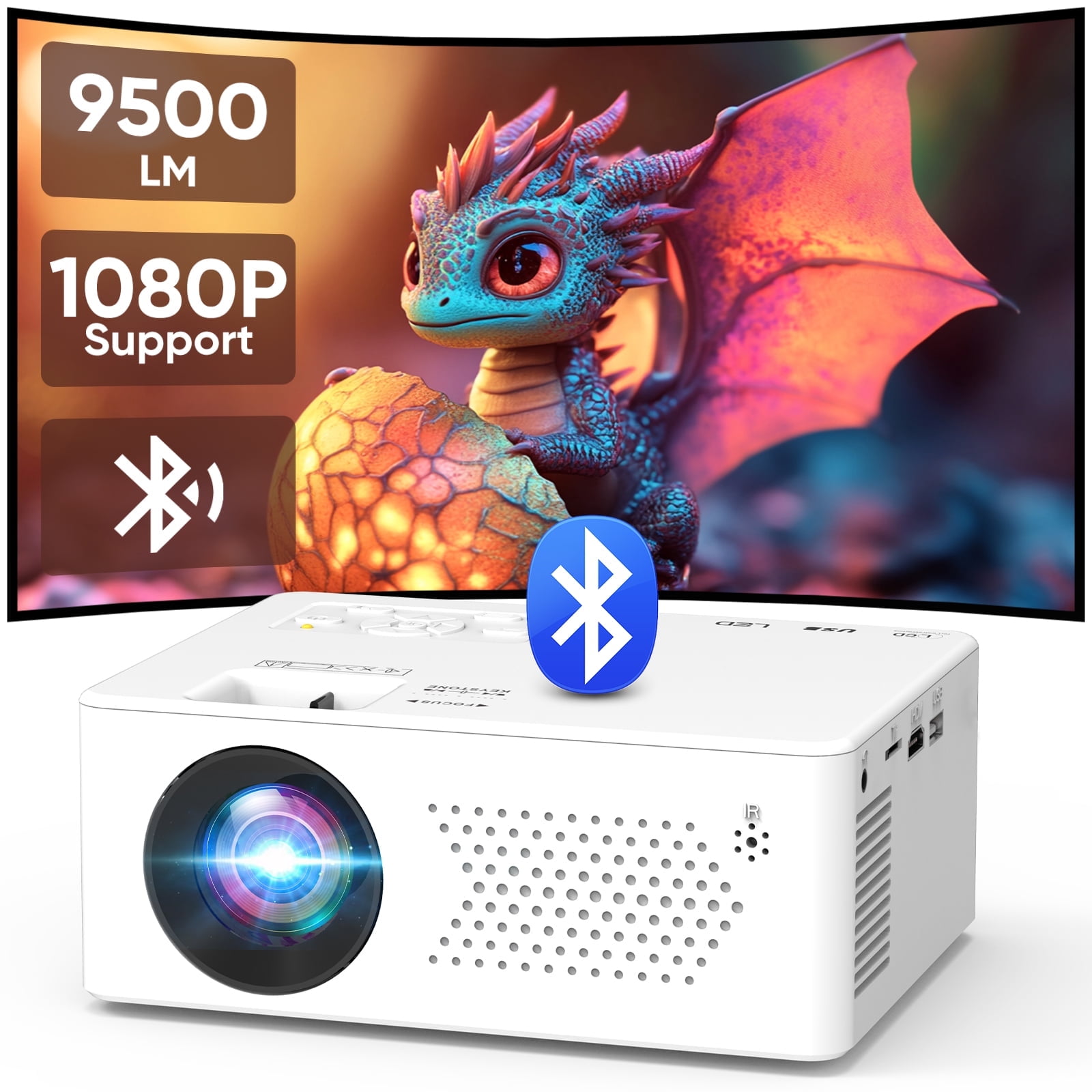 Faltopu Mini Bluetooth Projector with Tripod, 9500LM Full HD 1080P Portable Home Theater Projector ,Support 250"Display