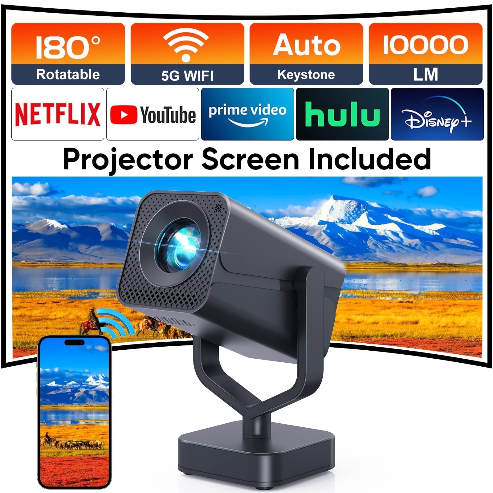 Faltopu Mini Projector with WIFI and Bluetooth, 4K 1080P Support Portable Projector with Screen 180° Rotatable Movie Projector Auto Keystone Compatible for Laptop, PC, Smartphone