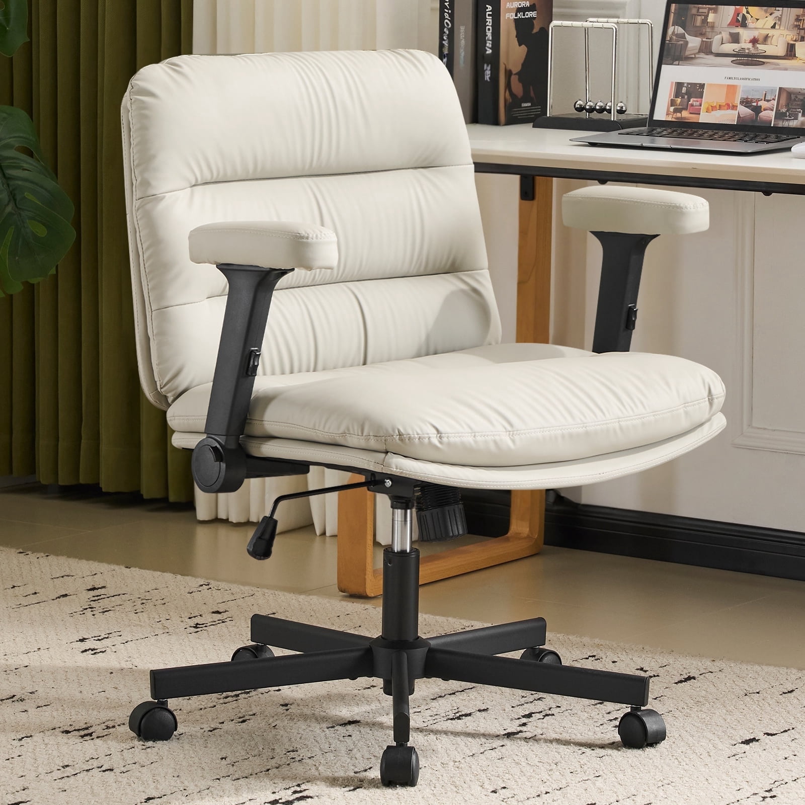 Falvinoryn 25.6" Wide Seat Office Chair, High Back Ergonomic Task Chair with Padded Adjustable Armrests and Double Cushion, Swivel Home Office Desk Chair for Office, Bedroom (Off-white)