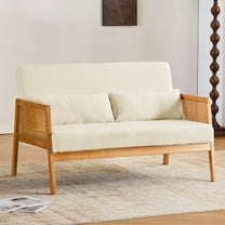 Falvinoryn 48" Wide Small Loveseat Sofa, 2-Seater Sofa with Rattan Arms & 2 Lumbar Pillows, Teddy Upholstered Sofa Couch, Modern Couch for Living Room, Bedroom, Apartment, Ivory white
