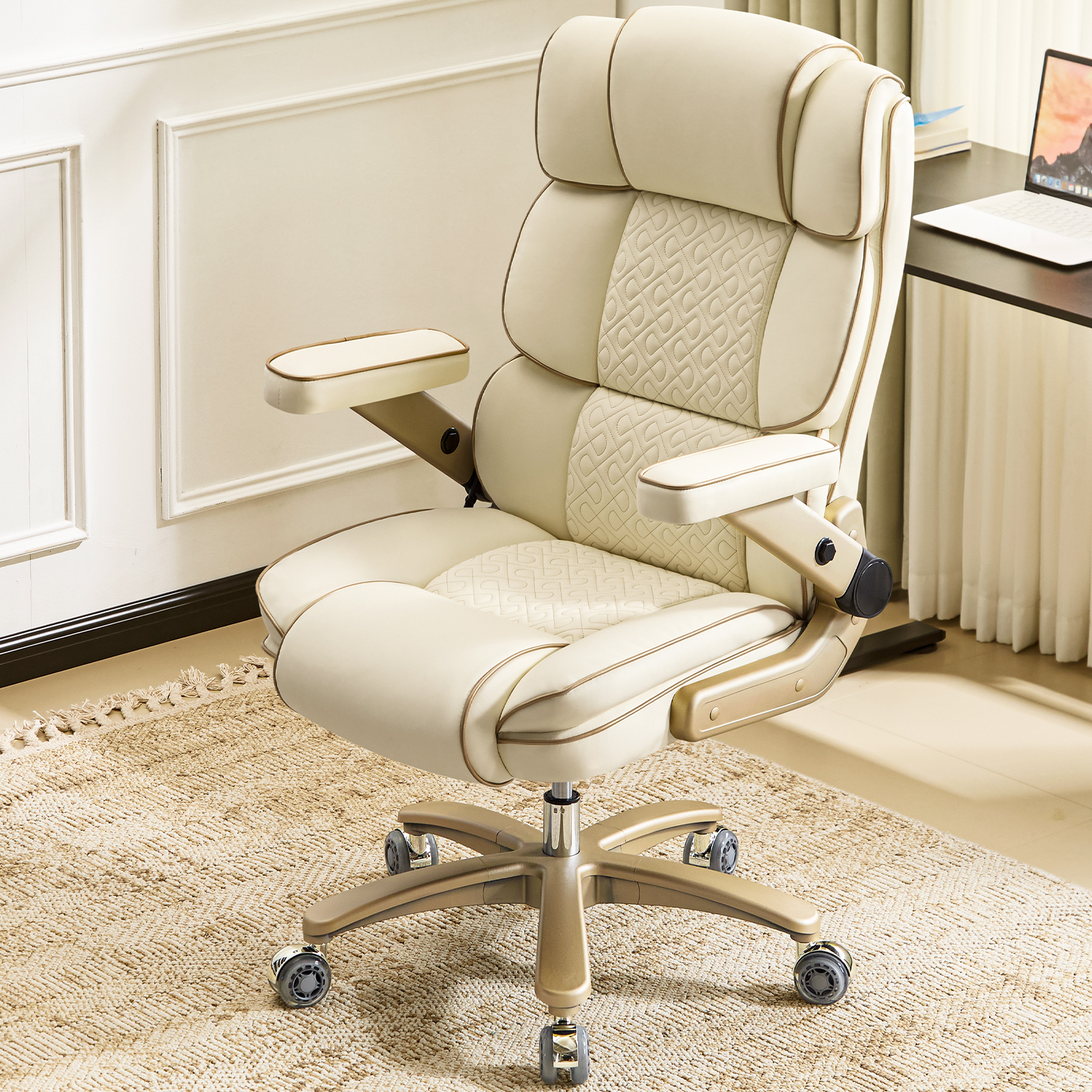 Falvinoryn Big and Tall Office Chair 500LBS, Ergonomic High Back Executive Office Chair, Adjustable Lumbar Support, Flip Arms, Locking Wheels Large Computer Desk Chair, Beige